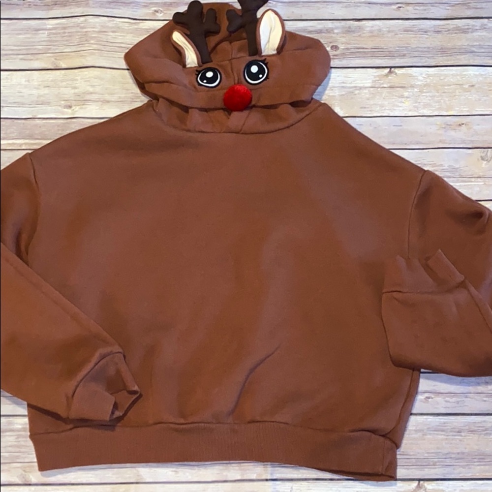 H &M REINDEER BROWN CROPPED HOODIE SZ MEDIUM